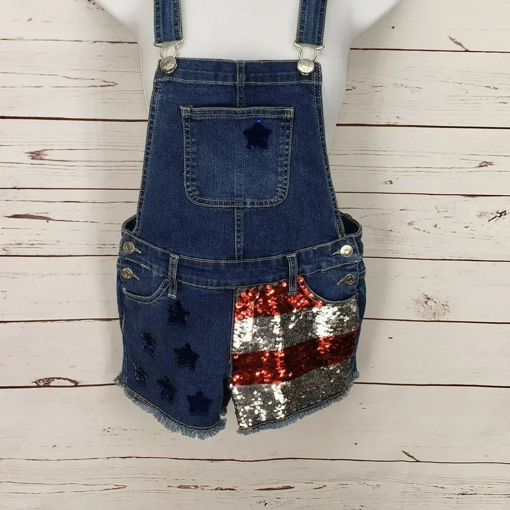 Justice Girl’s Denim Sequin American Flag Summer Shortalls Overalls Size 12‎